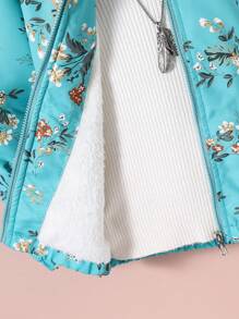 Tween Girl Fluffy Collar Hooded Printed Thermal Lined Jacket - Mint Green - View 4