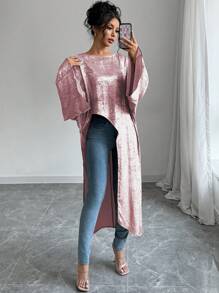 Elenzga Áo cánh rộng bóng bất đối xứng tay 3/4, thiết kế thanh lịch cho mùa xuân và mùa thu - Hồng - Xem 3