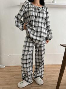 DAZY Plaid Tie Collar Loose Pajama Set - Black and White - View 5
