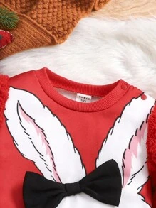 SHEIN Baby Girl Cute Bunny Print Red Thick Furry Jumpsuit, Easy On/Off With Headband, Suitable For Christmas - Red - View 6