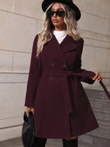 SHEIN Clasi 纯色双排扣优雅长袖大衣 - 酒紅色 - 查看 4