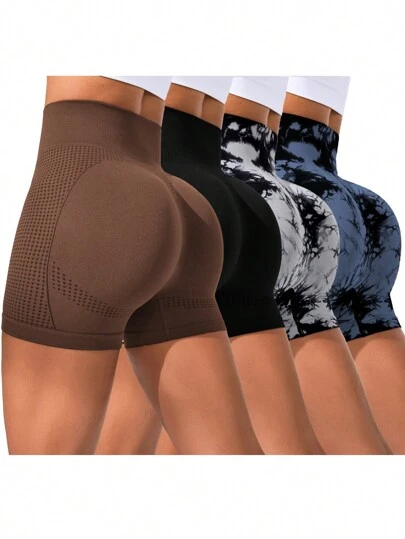 Easithlete 4 件装女式蜡染瑜伽短裤，高腰提臀，运动健身短裤，女式运动短裤，健身短裤，骑行短裤