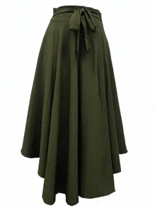 Women's Solid Color Pocket Wrap Twist Elegant Skirt Spring - Army Green - View 3