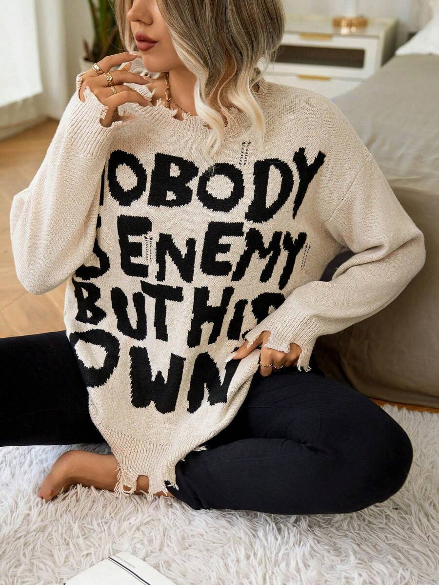 Calvaya Plus Size Women's Simple Print Asymmetric Hem Pullover Sweater Knit Pullover Fall Winter - Apricot - View 1