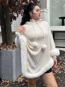 Celure Popular Bestselling Plus Size Women Elegant Warm Element Fuzzy Soft Warm Asymmetrical Hem Hooded Sweater Cape With Handmade Fringe/Pom Pom Accent