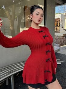 SHEIN Clasi Plus Size Christmas Bow Decor Round Neck Knit Sweater For Autumn/Winter Knit Pullover Fall - Red - View 6