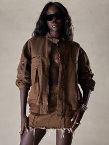 MISSGUIDED Distressed Denim Bomber Utility Jacket Oversize Streetwear Outerwear Fall Winter Fashion Raw Edge Hem Multiple Pockets Zip Front Statement Jacket - Coffee Brown - View 5