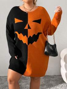 SHEIN CURVE+ Plus Size Casual Punk Colorblock Orange Smiling Face Pattern Sweater For Halloween, Women Clothes - Multicolor - View 5