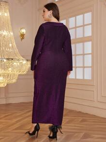 Modelyn Plus Size Elegant Shiny Wrap Fitted Dress, Autumn - Purple - View 2