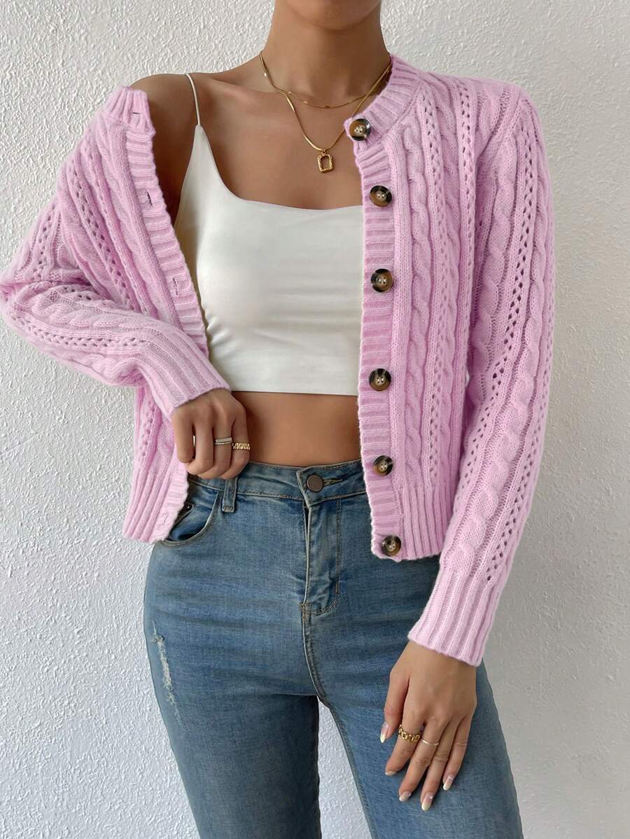 Muchica 1 件纯色前扣长袖休闲衬衫 - 粉色 - 查看 1