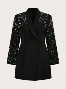 SHEIN BAE Plus Size Fall Black Embellished White Pearl Waist Suit Dress 
 Suitable For Elegant Parties And Commuting To Work - Black - View 8