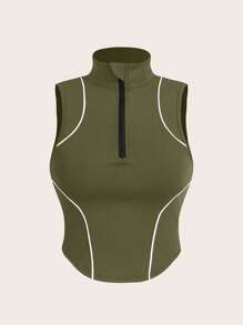 Gameset SHEIN Sport Contrast Trim Stand Collar Fitted Athletic Tank Top - Army Green - View 1