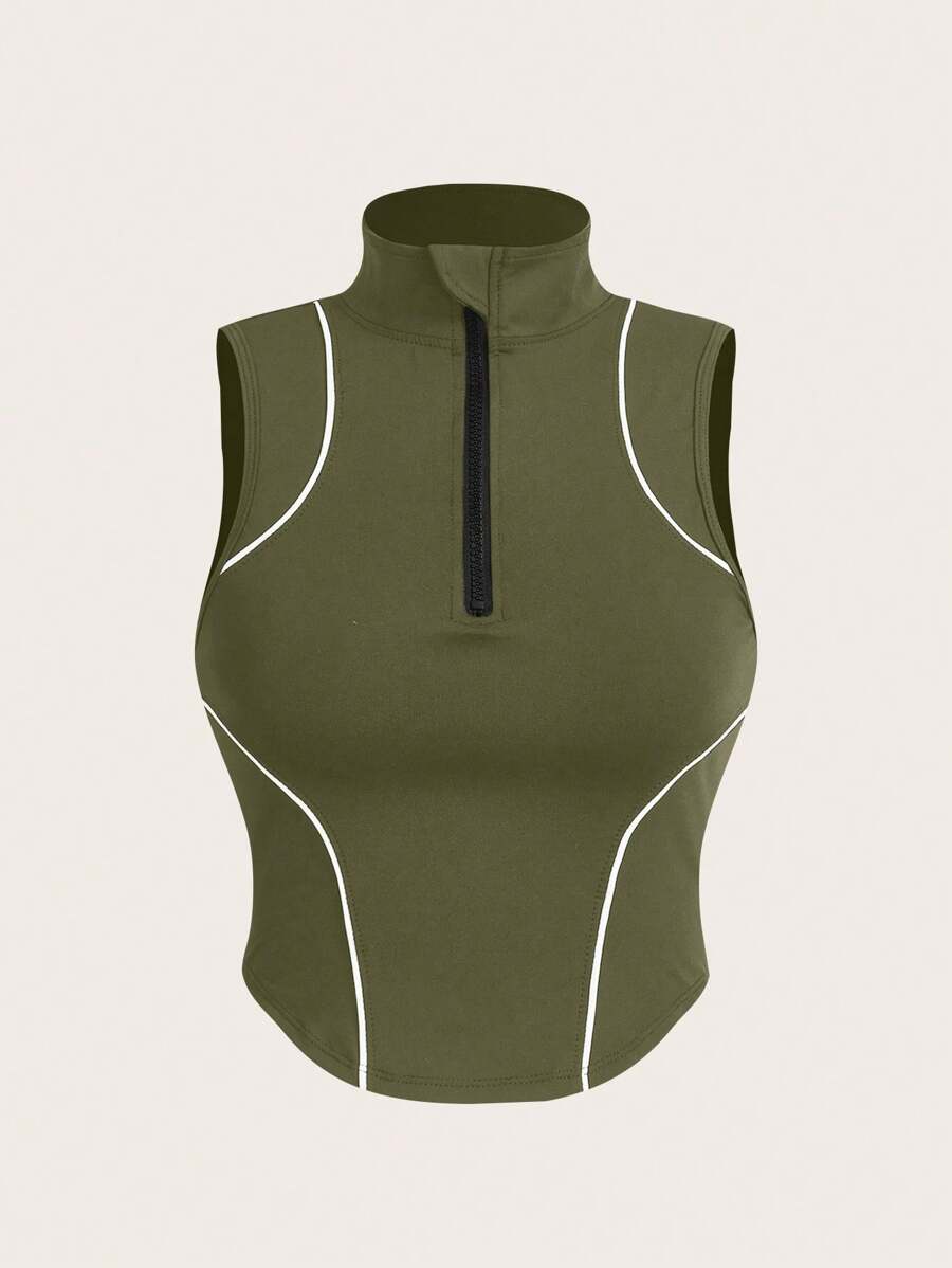 Gameset SHEIN Sport Contrast Trim Stand Collar Fitted Athletic Tank Top - Army Green - View 1