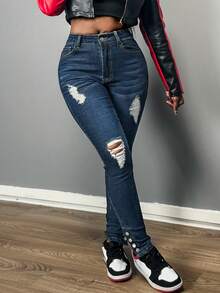 Women's Sexy Style Ripped Stretchy Skinny Leg Jeans - Dark Wash - View 5