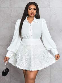 Slaydiva 大码女式两件套长袖蕾丝拼接优雅休闲装 - 白色 - 查看 2