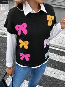 SHEIN LUNE Colorful Bow Decoration Casual French Street Women Knitted Sweater, Autumn - Black - View 5