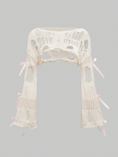 Kawaii Suéter holgado ultra corto y adorable con decoración de lazo hueco y mangas caídas para mujer (estilo Himekaji)