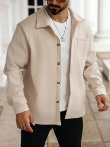 Manfinity Homme Áo sơ mi nam tay dài cài nút màu trơn cỡ lớn có túi phía trước - Màu be - Xem 3