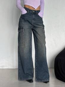 DAZY Jeans cargo de pierna recta holgados y de ajuste suelto para mujer con bolsillos grandes