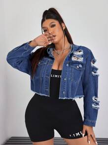 SHEIN EZwear 大码纯色纽扣式做旧毛边休闲长袖牛仔夹克 - 深色水洗藍 - 查看 6