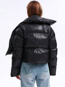 女士冬季纽扣裹身大衣，配有可拆卸围巾，冬季保暖加厚大衣 - 黑色 - 查看 2