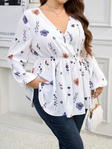 SHEIN Clasi Plus Size Elegant Floral Print Blouson Sleeve Cinched Waist Shirt - White - View 5