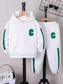 SHEIN 2 件/套年轻男孩休闲校园风格舒适时尚宽松连帽衫，带贴饰和裤子，适合基本款连帽衫、超大号运动衫、白色运动衫、年轻男孩服装、返校、日常穿着、户外、运动、秋冬季