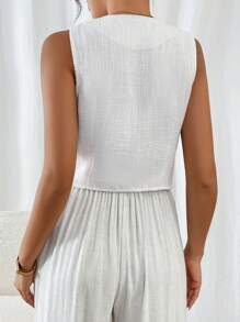 SHEIN Frenchy Áo sơ mi nữ cổ chữ V màu trơn cài nút thường ngày không tay - Màu be - Xem 2