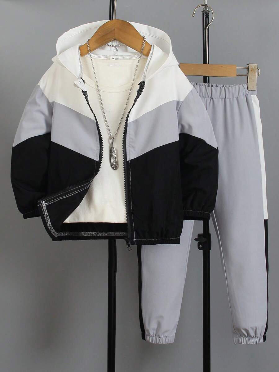 2 件装年轻男孩休闲拼色连帽衫和裤子运动套装，秋季户外服装 - 灰色 - 查看 1