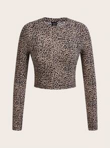 SHEIN Essnce 4pcs Fashionable Leopard Print Casual Round Neck Long Sleeve Slim Fit Women's Basic T-Shirt Women's Round Neck Long Sleeve Fitted All-Match T-Shirt Cropped Tight Fit T-Shirts, Spring & Autumn