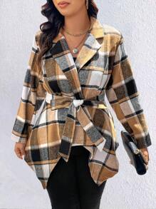 Calvaya Plus Size Plaid Printed Belted Asymmetric Hem Long Sleeve Woollen Jacket Fall Cloth For Women - Multicolor - View 1