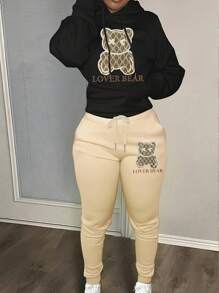 SHEIN Bộ 2 chiếc/bộ áo hoodie in hình gấu tối giản cho nữ và quần dài buộc dây phía trước, thường ngày - Nhiều màu - Xem 1