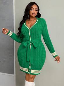 Váy dệt kim ôm dáng tay dài màu khối thanh lịch cỡ lớn dành cho người đi làm, màu xanh lá cây - Z - màu xanh lá - Xem 3