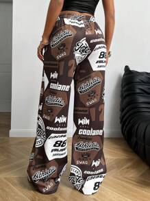 Coolane 女士春夏嘻哈休闲数字图案撞色足球运动裤 - 咖啡棕 - 查看 2