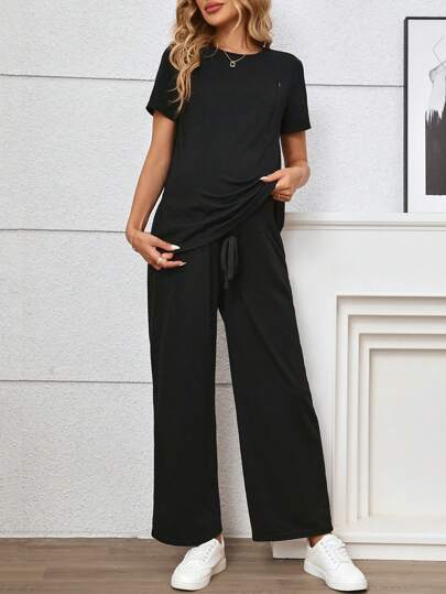 SHEIN 2pcs Maternity Solid Color Round Neck Short Sleeve Casual Top And Pants, Nursing Outfit Set