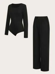 SHEIN Bộ 2 áo crop top dệt kim thường ngày + quần ống loe bó thanh lịch cho bé gái tuổi teen - Nhiều màu - Xem 3