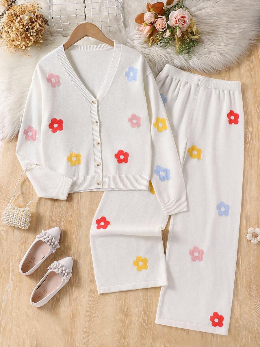 SHEIN 女童花卉印花 V 领宽松落肩开衫和阔腿针织裤两件套服装 - 白色 - 查看 1