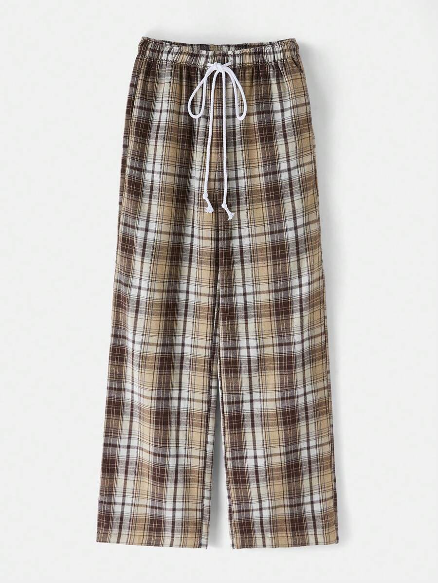 SHEIN BASICS 休闲编织格子低腰宽松直筒女裤 - 彩色 - 查看 1