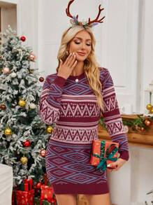 Chiquease 1pc Geometric Pattern Color Block Slim Fit Sweater Dress, Casual Wear For Autumn/Winter - Multicolor - View 5