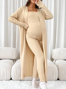 SHEIN 2pcs Maternity Solid Color Long Sleeve Simple Long Cardigan And Tube Top Jumpsuit Set - White - View 5