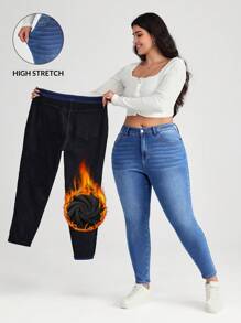 SHEIN BASICS Plus Size Elastic Tight Fit Blue Denim Jeans - Blue - View 1