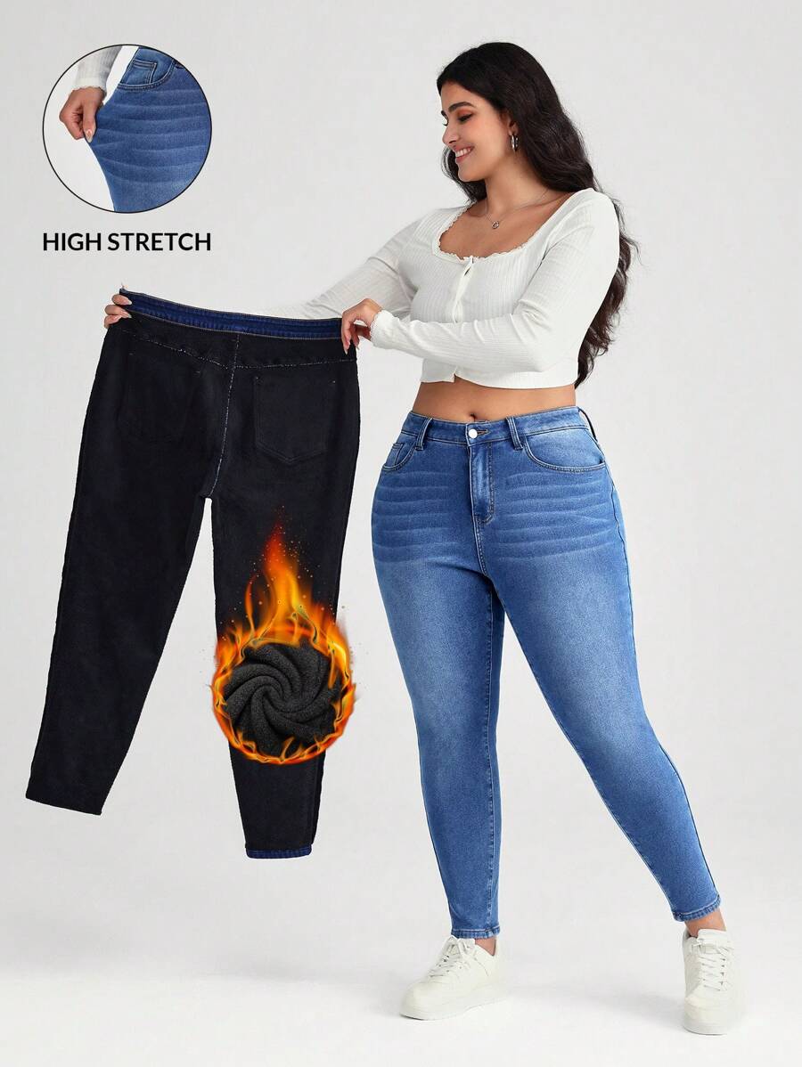 SHEIN BASICS Plus Size Elastic Tight Fit Blue Denim Jeans - Blue - View 1