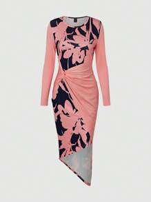 SHEIN Lady 女性花卉印花百褶設計圓領連衣裙 - 粉色 - 查看 1