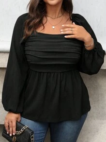 Vionelle Plus Size Solid Color Square Collar Ruffle Hem Long Sleeve Blouse Peplum Top - Black - View 7