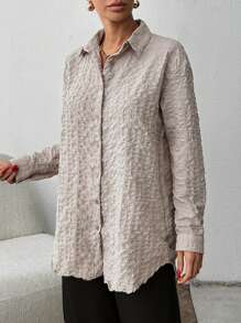 RueChic 1pc Women's Plain Texture Drop Shoulder Loose Blouse, Spring/Autumn - Beige - View 5