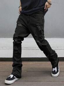 Manfinity Roughcore Quần jean denim trơn dáng ôm ống loe dài đến đầu gối cho nam, màu sắc Grunge - màu đen - Xem 3