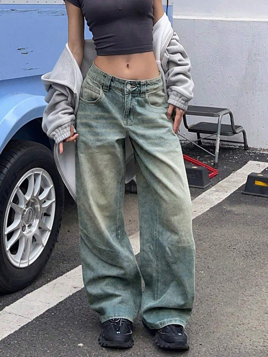 Women Vintage Loose Straight Leg Boyfriend Jeans - Navy Blue - View 1