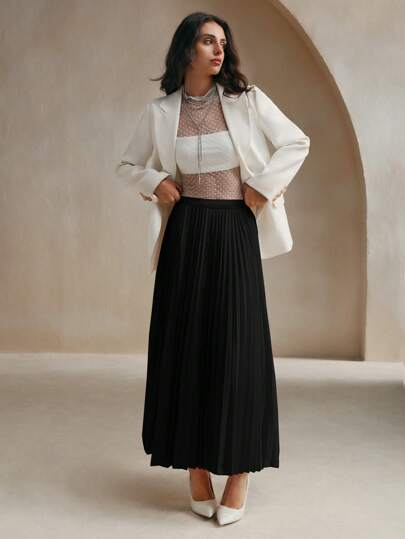 Anewsta Urban Chic Solid Color Elastic Waist Pleated A-Line Skirt Maxi Women