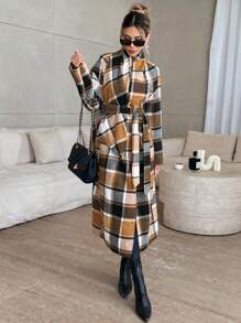 SHEIN Privé Women's Casual Plaid Long Overcoat, Autumn/Winter - Multicolor - View 3