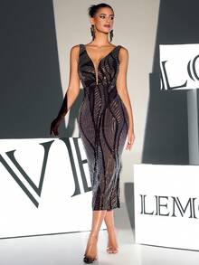 Plunge Neck Sequin Party Dress - Black - View 5